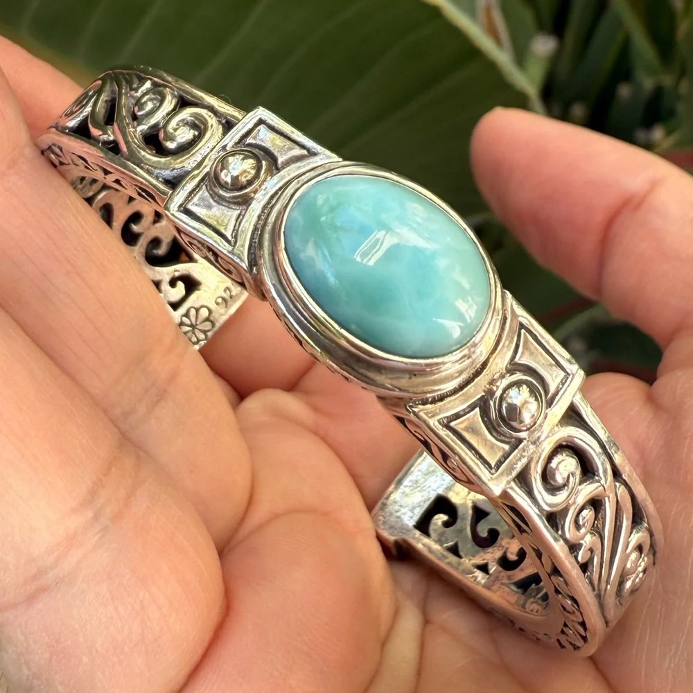 Genuine larimar heavy set solid sterling silver cuff bracelet - Picture 2 of 5